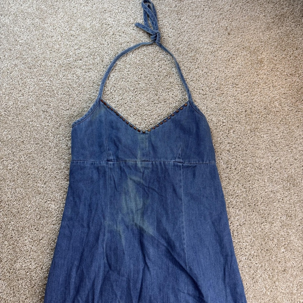 Y2K Denim Halter Route 66 Dress Womens Small Sleeveless Knee Length Sundress